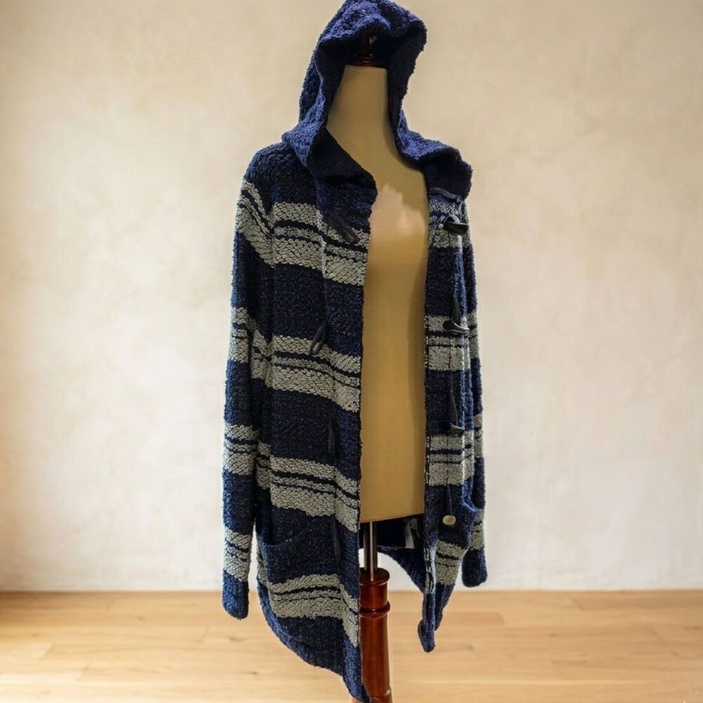 Chaps Coastal Baja Blanket Sweater Hoodie Blue White Striped Size Large